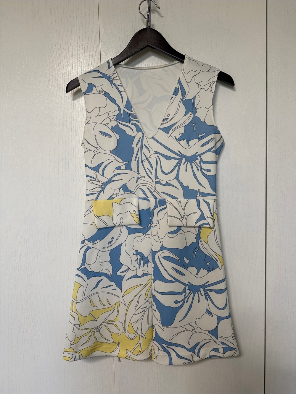 Zara Blue, White & Yellow Sleeveless V-Neck Mini Dress